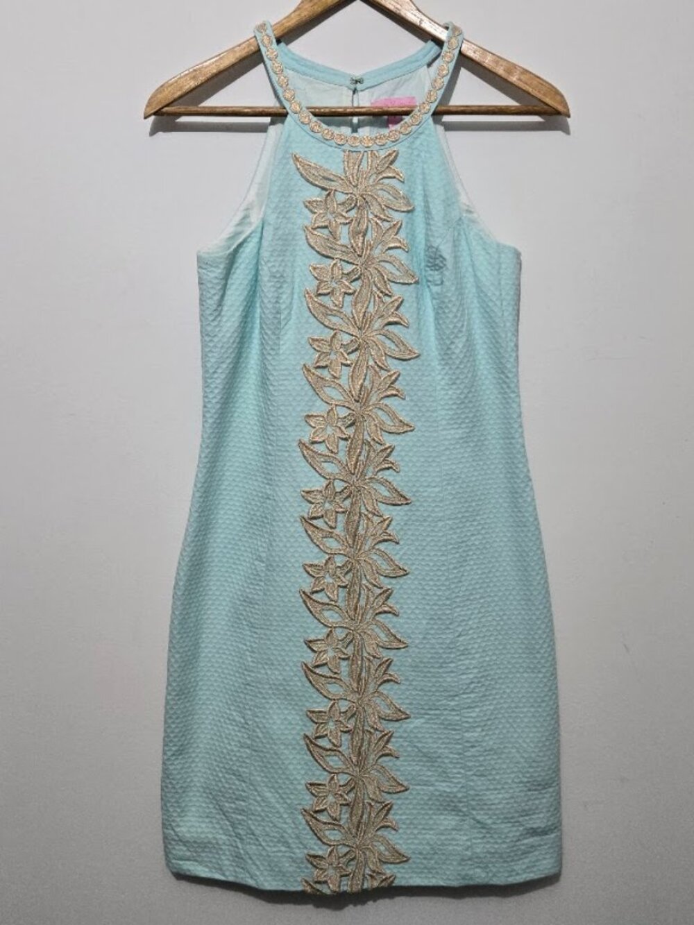 Lilly Pulitzer Pearl Shift Dress Sz 4 Whisper Blue Gold Embroidery Halter Resort